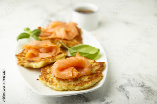 Potato pancakes with smoked salmon