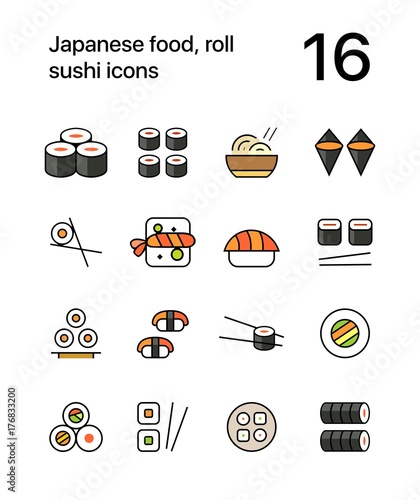 Colored Japanese food, sushi icons for web and mobile design pack