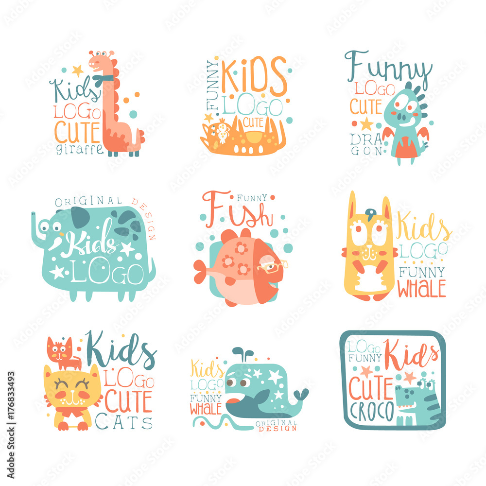 Fototapeta premium Modern logo design for kids with animals and fantasy characters