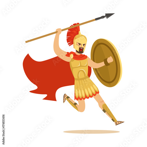 Spartan warrior character in armor and red cape fighting with spear, Greek soldier vector Illustration