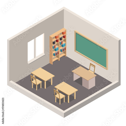 Isometric classroom interrior realistic 3d icon.