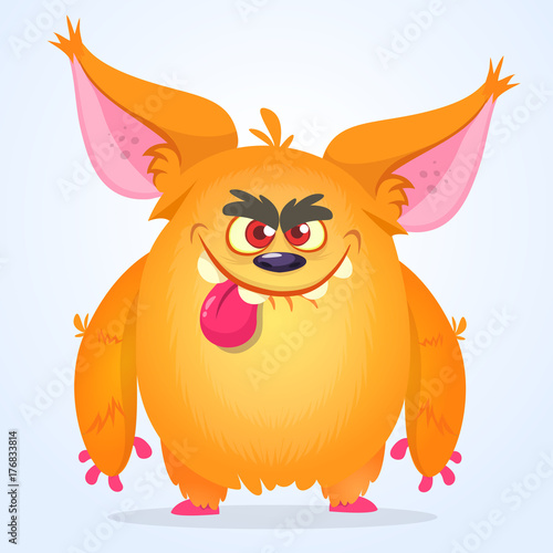 Happy pink cartoon monster waving. Vector troll or gremlin character. Halloween design