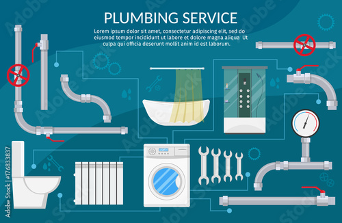Plumbing Service repairing Installation and pipe flat labels Tools and Device infographics with isolated vector illustration