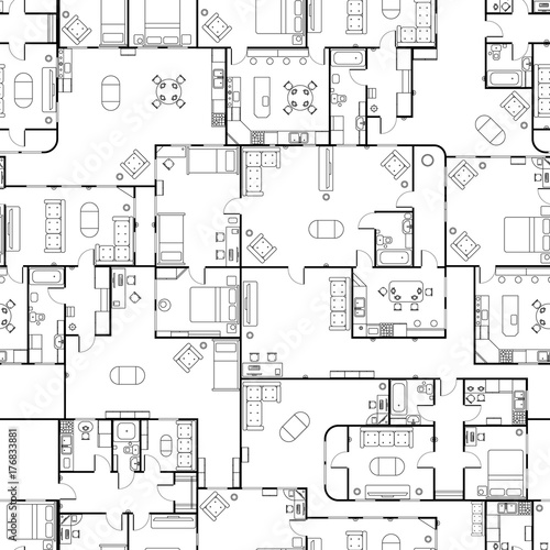 Black and white house floor plan with interior details, seamless pattern