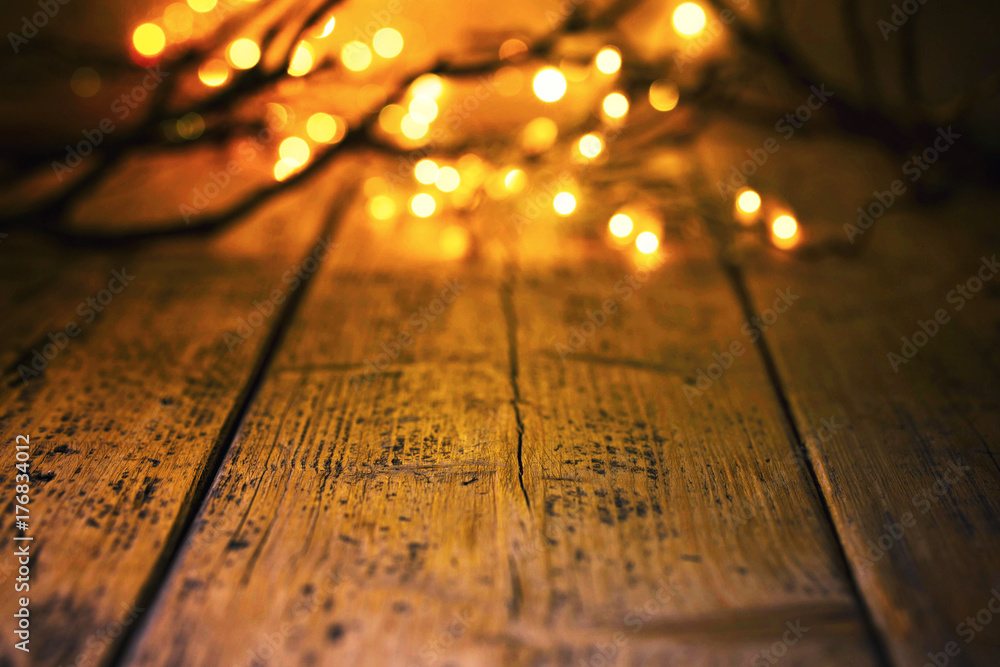 Halloween bokeh background with empty wooden table Halloween bokeh background with empty wooden table