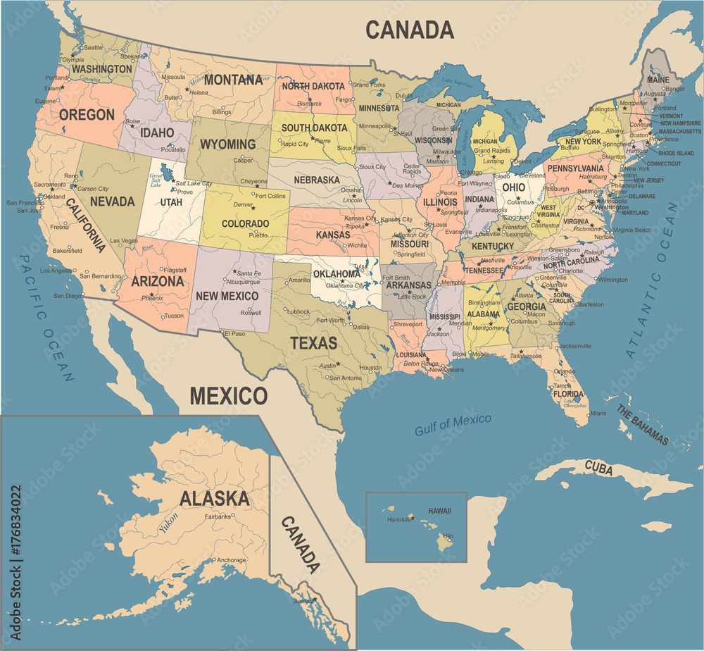 Obraz premium Mapa Stanów Zjednoczonych - Vintage ilustracji wektorowych