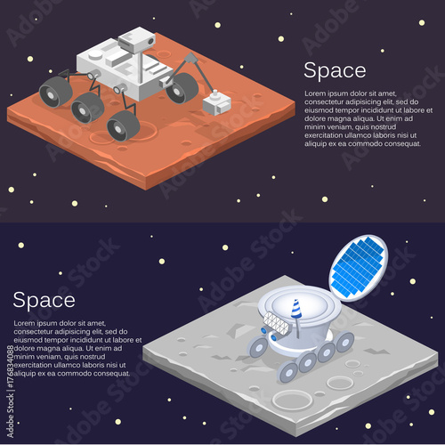 Isometric lunar rover on the surface of the moon