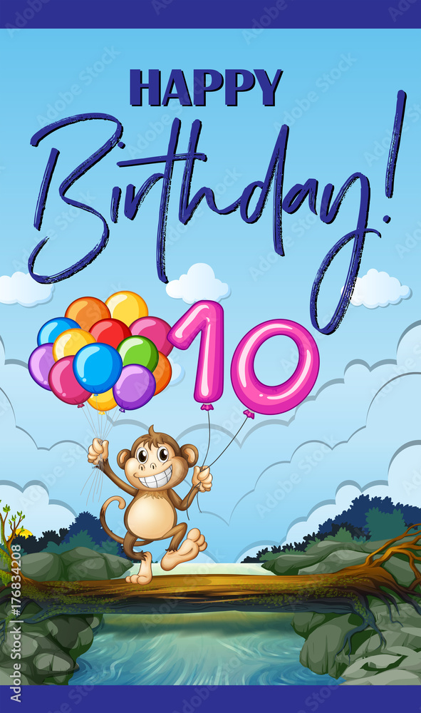 Fototapeta premium Birthday card with monkey and balloon number ten