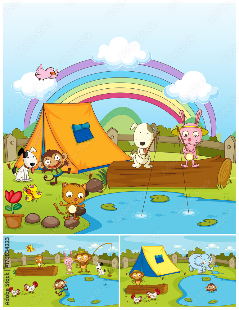 Naklejka premium Farm animals playing in the park