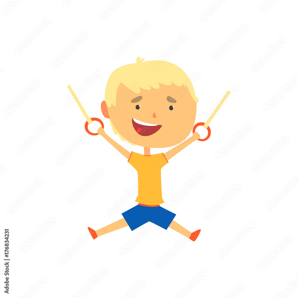 Happy boy hanging on gymnastic rings, kids physical activity cartoon vector Illustration Happy boy hanging on gymnastic rings, kids physical activity cartoon vector Illustration