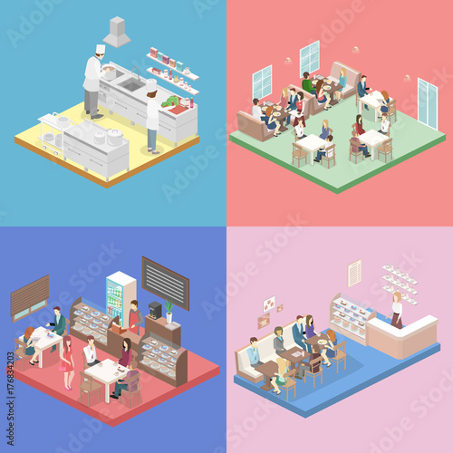 Isometric flat interior of sweet-shop, cafe, canteen and restaurant kitchen.