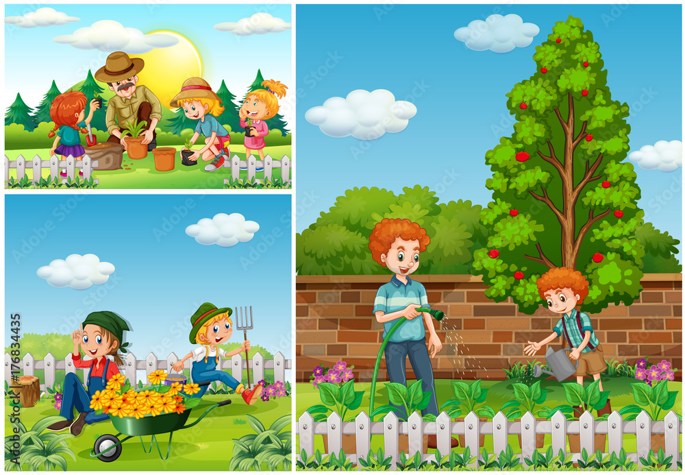 Fototapeta Three scenes with family doing gardening