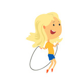 Happy blonde girl jumping with a rope, kids physical activity cartoon vector Illustration