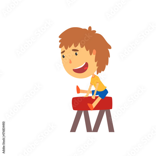 Sportive boy jumping over the vaulting horse, kids physical activity cartoon vector Illustration