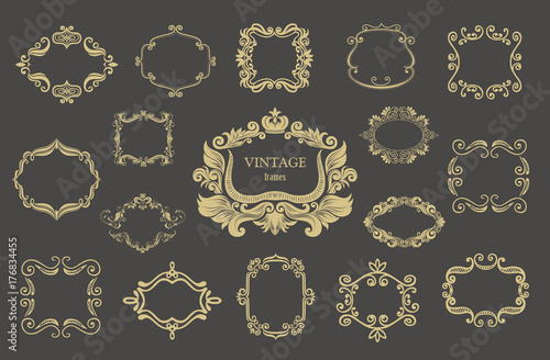 Set of gold vintage floral frames and monograms.