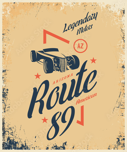 Vintage roadster car vector logo isolated on light background. 
Premium quality old sport vehicle logotype t-shirt emblem illustration. Route 89 racing street wear superior retro tee print design.