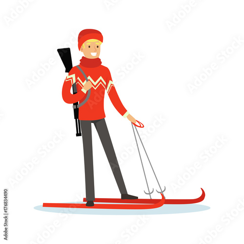 Male biathlete skier character, active sport lifestyle vector Illustration