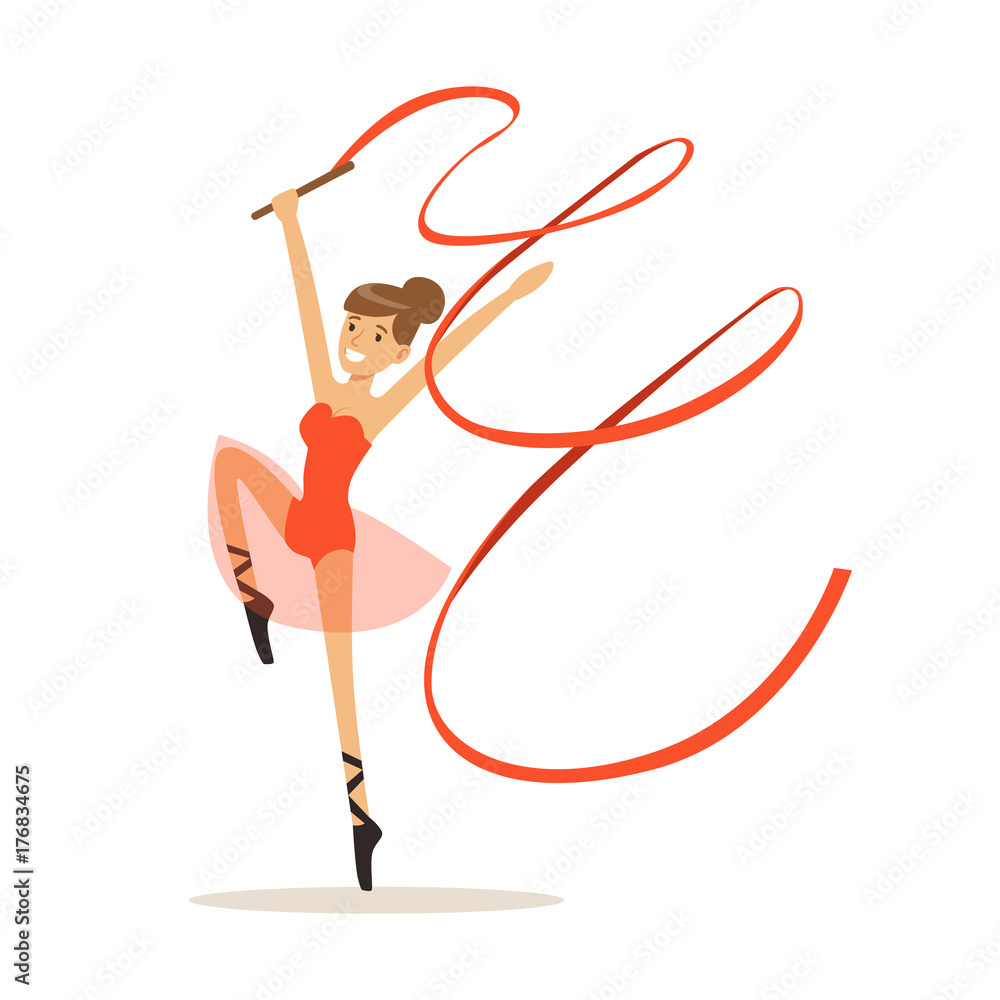 Fototapeta premium Female gymnast exercising rhythmic gymnastics with ribbon, active sport lifestyle vector Illustration