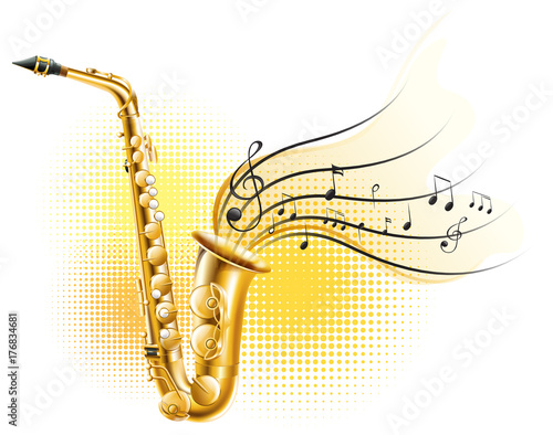 Classic saxophone with music notes
