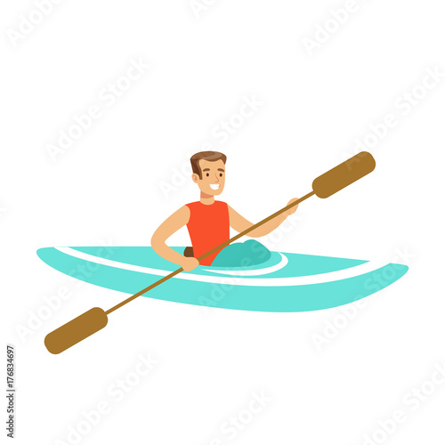 Male athlete character maneuvering kayaking, active sport lifestyle vector Illustration