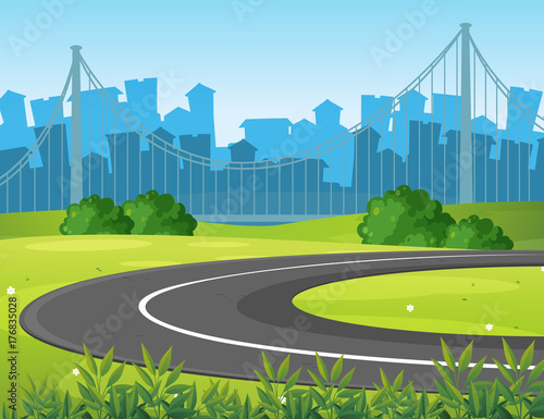Road and park with city buildings in background