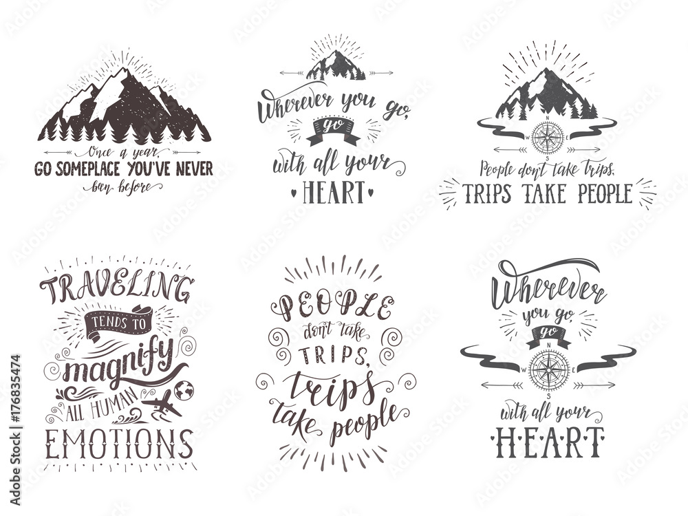 Travel postcards. Set of tourism banners with hand-lettering quotes.