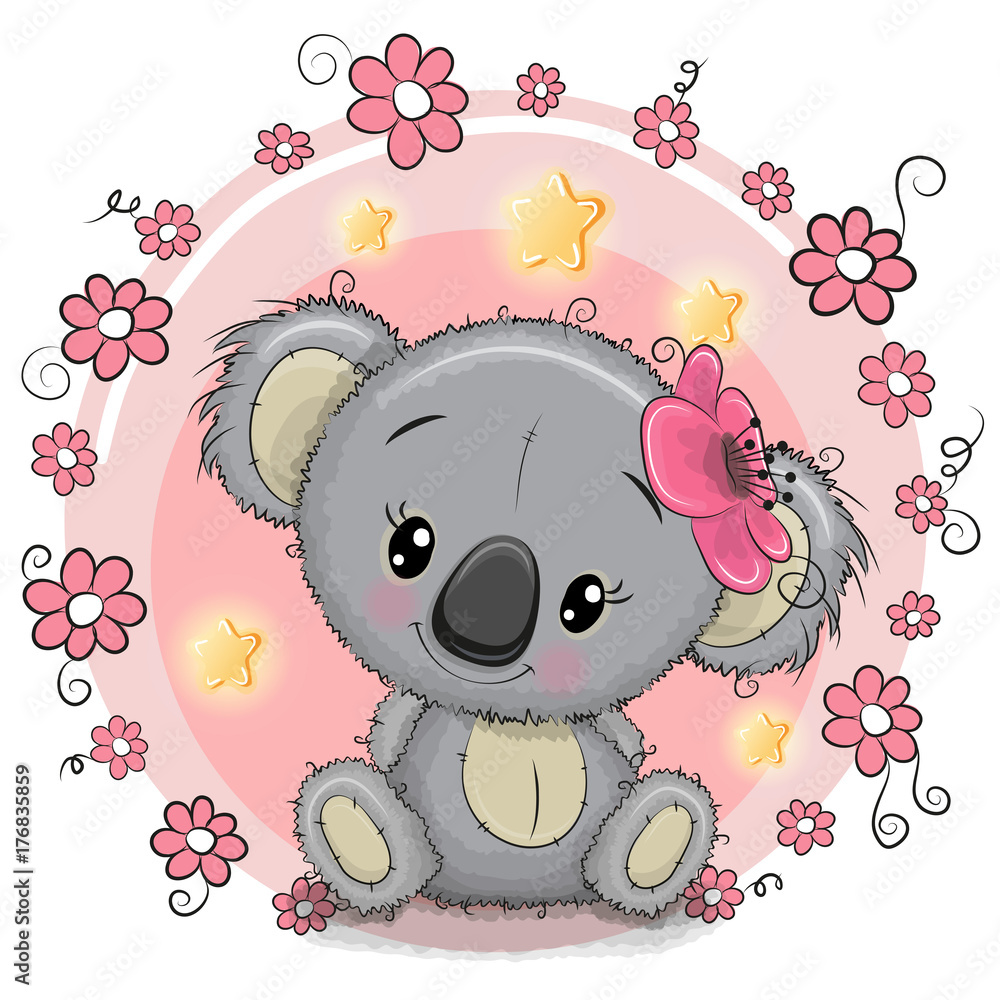 Naklejka premium Kartkę z życzeniami Koala z kwiatami