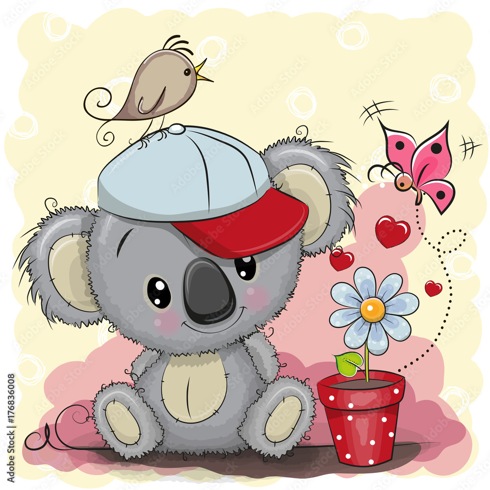 Naklejka premium Kreskówka Koala z kwiatem