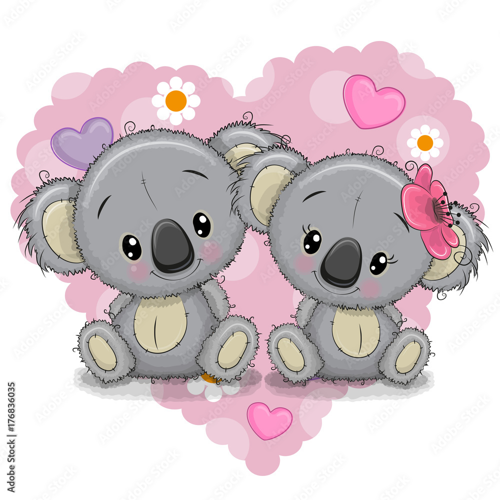 Fototapeta premium Two Cartoon Koalas on a background of heart