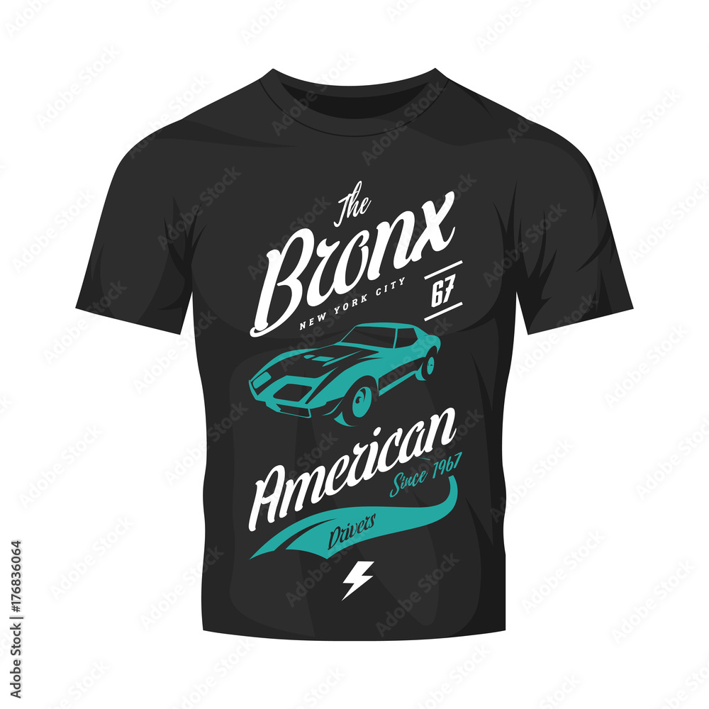 American muscle car vector tee-shirt logo on dark t-shirt mock up. Bronx, New York street wear superior retro tee print design. American muscle car vector tee-shirt logo on dark t-shirt mock up. Bronx, New York street wear superior retro tee print design.