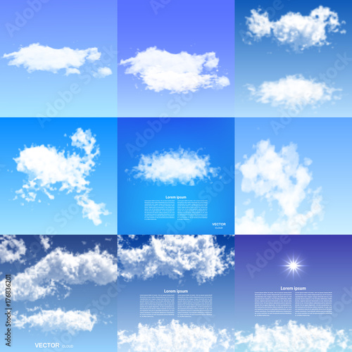 Realistic clouds blue sky transparent nature weather white cloudscape air space natural environment skyline cloudy background vector illustration.