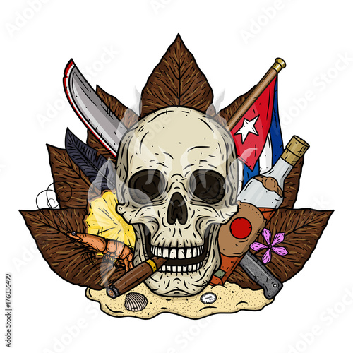 Skull with cigar on the background of tobacco leaves, a machete and a Cuban flag, standing on the sand