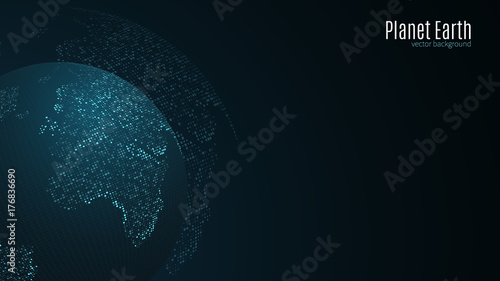Abstract planet earth. Blue map of the earth from the square points. Dark background. Blue glow. High tech. Sci-fi tech. Global network connection, international meaning. Vector