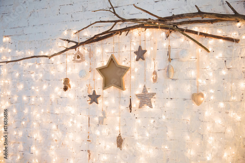 christmas room interior design xmas walldecorated by lights resents gifts toys copy space holiday concept