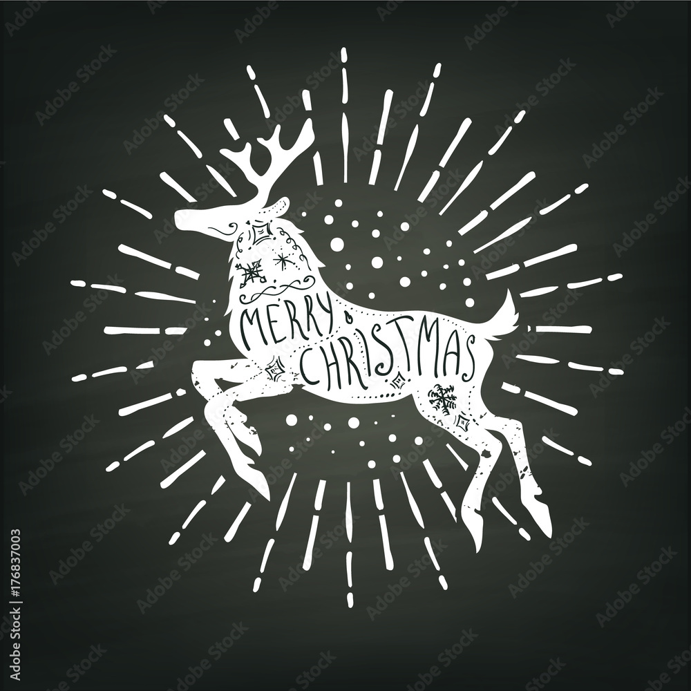 Christmas deer white silhouette on chalk board background