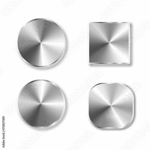 Set of metal button with aluminum, steel and bronze metal texture isolated on white background. Metal button icons. Vector illustration.
