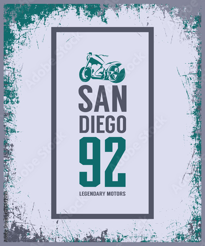 Vintage motorcycle vector logo isolated on dark background.
Premium quality biker gang logotype tee-shirt emblem illustration. San Diego, California street wear superior retro tee print design.