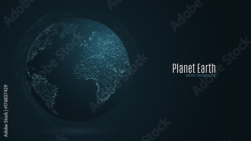 Abstract planet earth. Blue map of the earth from the square points. Dark background. Blue glow. High tech. Global network connection, international meaning. Vector