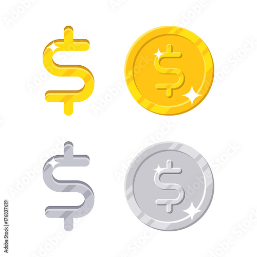 American dollar sign. Gold and silver symbol of the United States currency and coins. Vector in cartoon style isolated on white background. Business and financial series. USA money icon