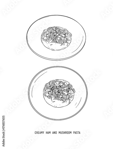 creamy ham and mushroom pasta, hand draw sketch  vector.