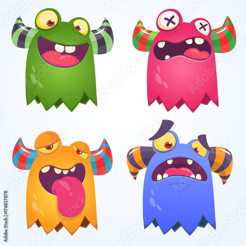 Cartoon monster faces set. Vector set of four Halloween monster faces with different expressions. One-eyed monsters illustration