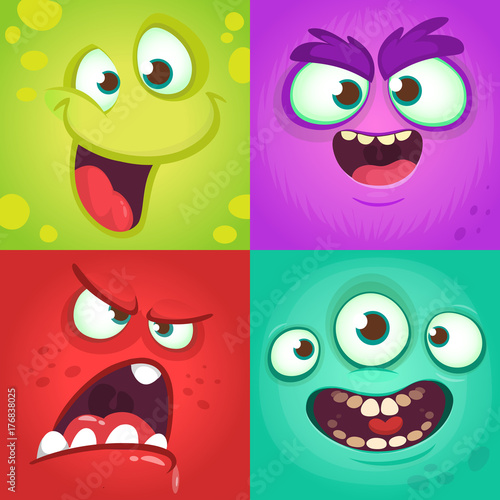 Cartoon monster faces set. Vector set of four Halloween monster faces with different expressions. Children book illustrations or party decorations