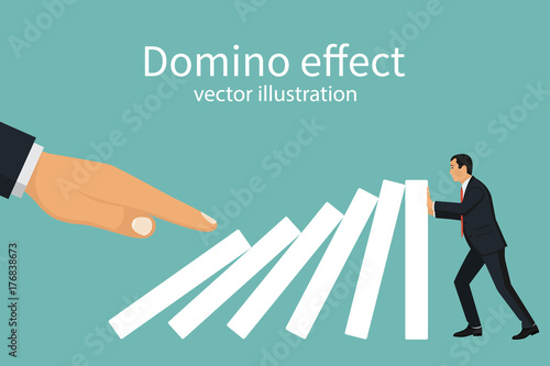 Domino effect concept. Big hand pushes dominoes standing in row. Human stops fall. Stopping chain reaction intervention. Vector illustration flat design. Isolated on white background.