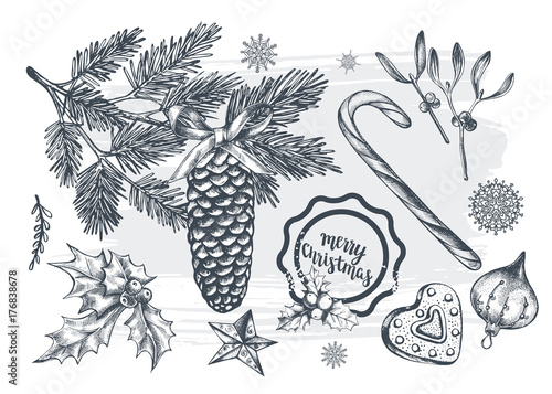 Hand drawn set of Christmas decorations. Template for greeting cards, invitations, posters, flyers. Vector isolated elements collection for your design.
