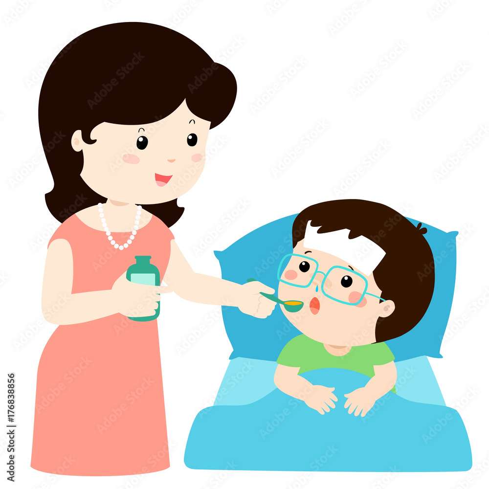 Mother giving son medicine vector illustration. Mother giving son medicine vector illustration.