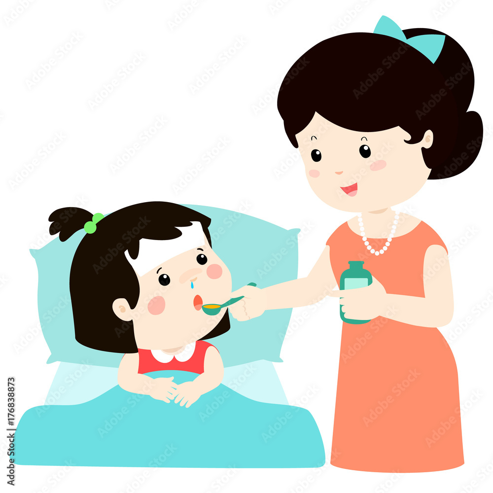 Mother giving daughter medicine vector illustration. Mother giving daughter medicine vector illustration.