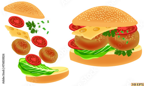 Fried cutlet and bread. Sandwich with cheese. Roasted steak on the bread on white background. Meat rissoles, tomato, onion, lettuce. Vector illustration for a recipe, restaurant menu, kitchen interior