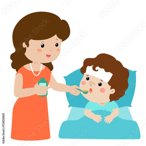 Mother giving son medicine vector illustration..