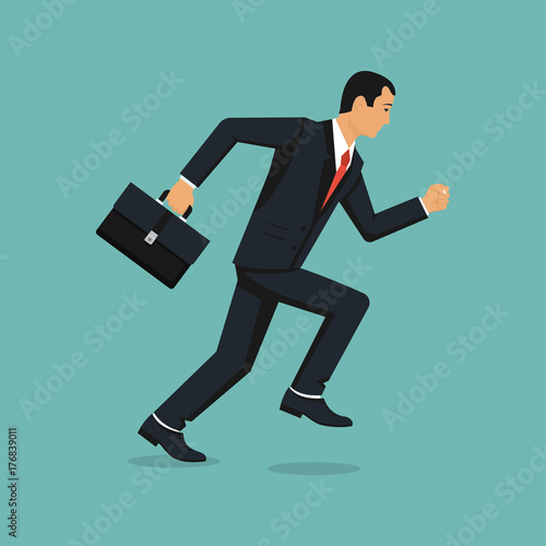 Businessman running with briefcase. Dynamic business concept. Late for work. Successful man in a suit run for work. Vector illustration flat design. Isolated on background. Business people.
