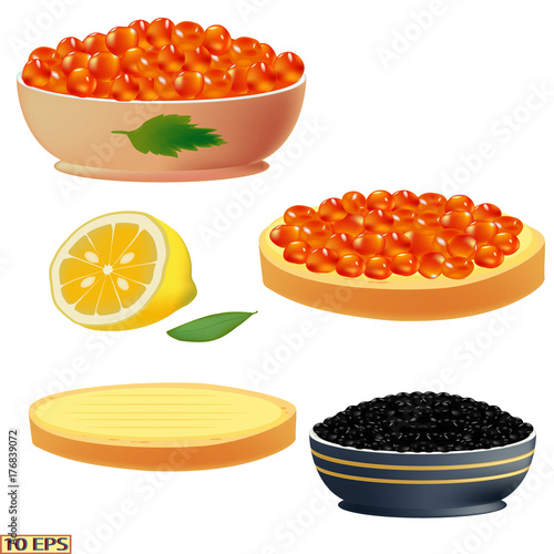 Red caviar and black. Salmon caviar and sturgeon caviar. Sandwich with caviar isolated on white background.  Vector illustration.